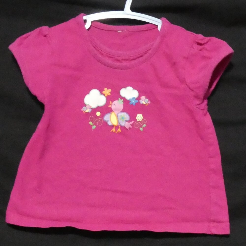 Pink Short Sleeve Shirt | kids, small | Colorful Bird Print Front